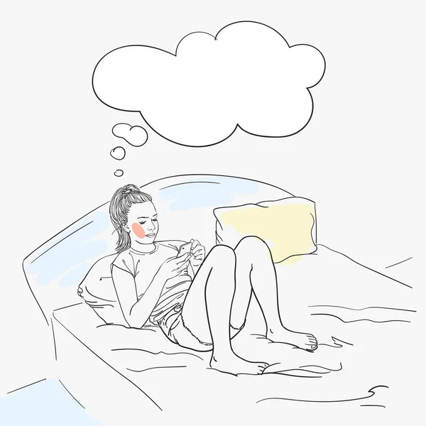 Girl Laying Bed Smartphone Dreaming Thought Bubble Her Head Vector — Stock Vector