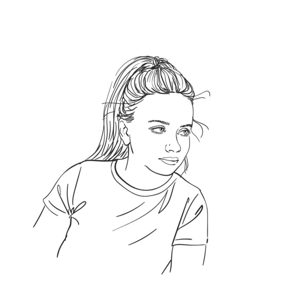 Skizze Eines Hübschen Teenager Mädchenporträts Mit Langen Haaren Pferdeschwanz Von — Stockvektor