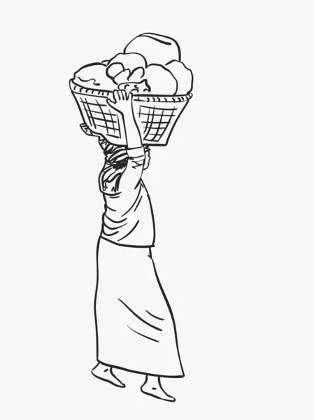 Burmese Woman Longyi Carrying Big Basket Her Head Vector Sketch — Stock Vector