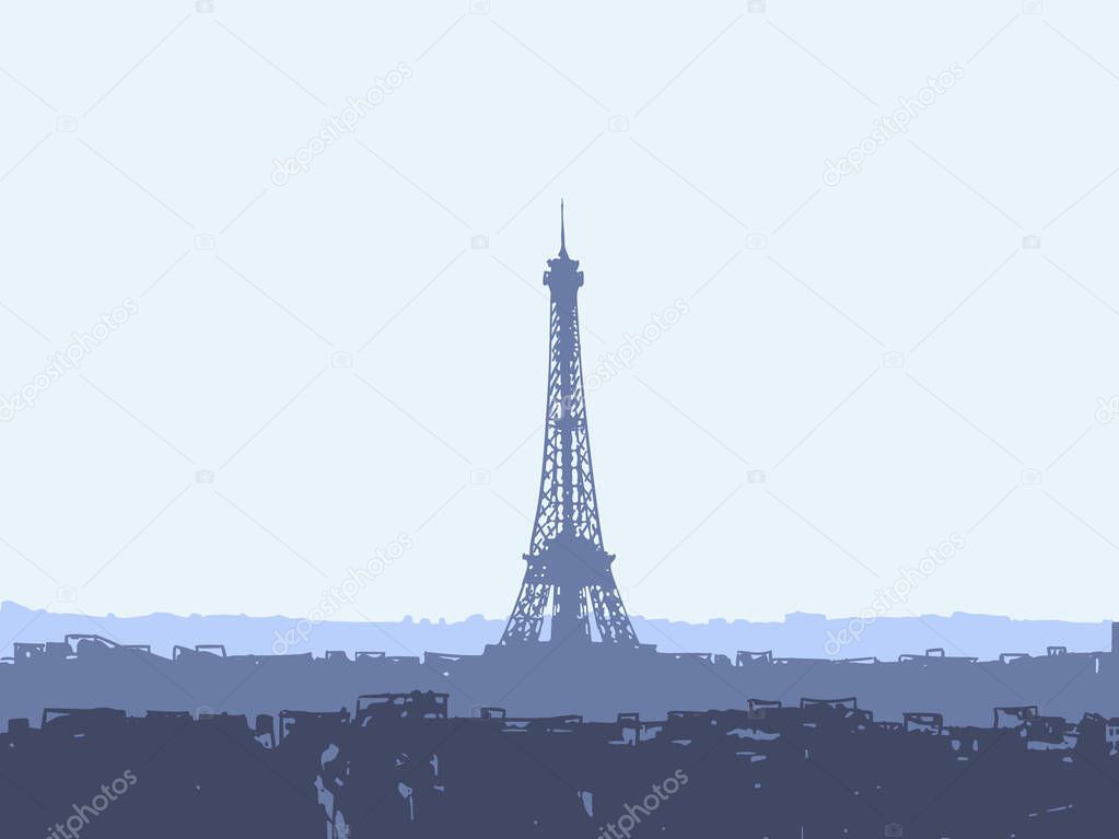 Eiffel Tower in Paris, France, Layers of cityscape skyline, Hand drawn vector illustration