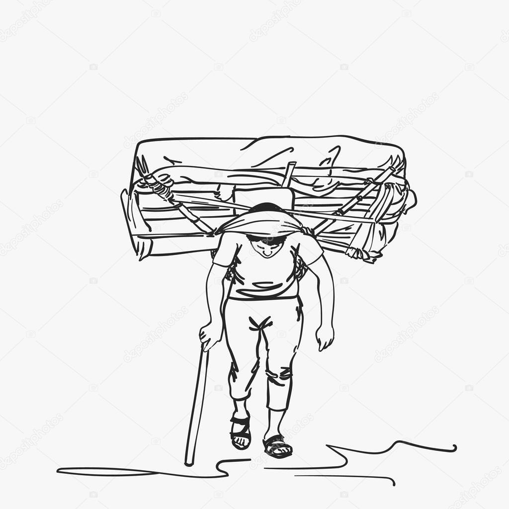 Sketch of nepali porter carrying full load heavy basket on his head in traditional way, Hand drawn linear illustration