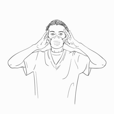 Tıbbi maskeli genç bir kadın avuçlarını baş şakaklarında tutuyor ve düz bakıyor, vektör çizimi, el çizimi çizimi...