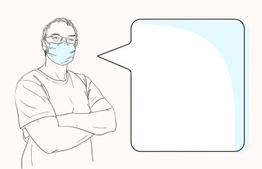 Sketch of man with arms crossed over his chest wearing medical face mask, template for information banner with speech bubble, Hand drawn vector illustration vector Sketch of man with arms crossed over his chest wearing medical face mask, template for information banner with speech bubble, Hand drawn vector illustration vector