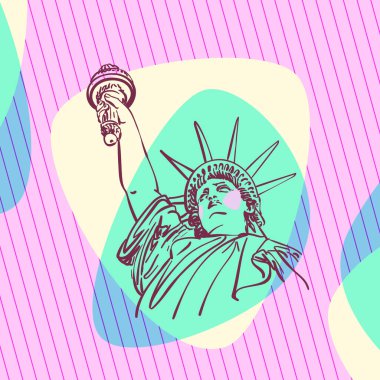 Özgürlük Heykeli 'nin eskizi New York City USA' de, kafası su menileri ve pembe renkli çizgili kare arka planda şekiller üzerinde yükseltilmiş. El çizimi vektör illüstrasyonu