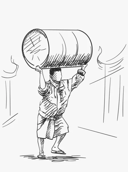 ビルマ語で顔のない男Longyi ジャケットとフリップフロップは彼の頭の上に大きなバレルを運んでいる ベクトルスケッチ 手描きイラスト — ストックベクタ