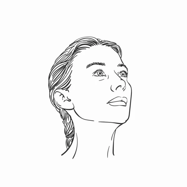 横を見上げる若い女性の肖像画 ベクトルスケッチ 手描きイラスト — ストックベクタ