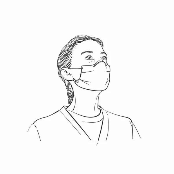 Portret Kobiety Noszącej Maskę Medyczną Patrzącej Górę Ręcznie Narysowana Ilustracja — Wektor stockowy
