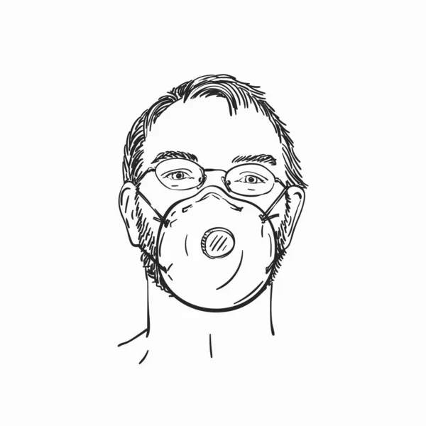 Mężczyzna Noszący Medyczną Maskę Twarzy Okulary Ręcznie Rysowany Liniowy Portret — Wektor stockowy