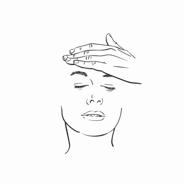 Face Young Woman Closed Eyes Hand Her Forehead Vector Sketch — Stock Vector