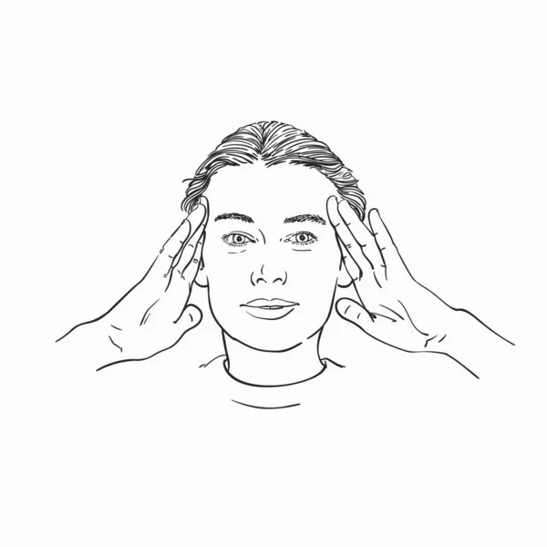 Portrét Mladé Ženy Držící Dlaně Spáncích Vypadající Úžině Vektorový Náčrt — Stockový vektor