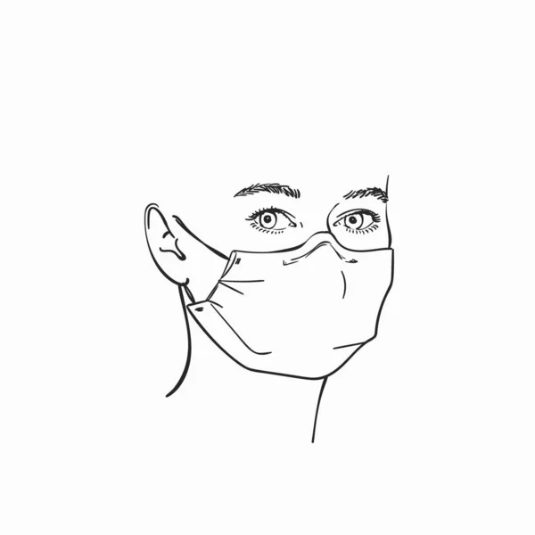 Sketch Woman Face Medical Mask Hand Drawn Linear Illustration Vector — 스톡 벡터