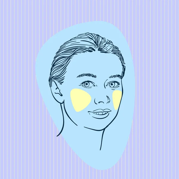 Skizze Eines Hübschen Frauenkopfes Mit Gelben Wangen Auf Blau Abstrakter — Stockvektor