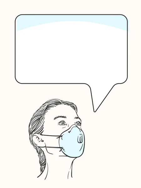 Sketsa Potret Wanita Melihat Atas Mengenakan Masker Wajah Medis Templat - Stok Vektor