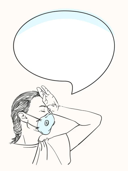 Croquis Femme Masque Facial Médical Avec Mal Tête Tenant Main — Image vectorielle