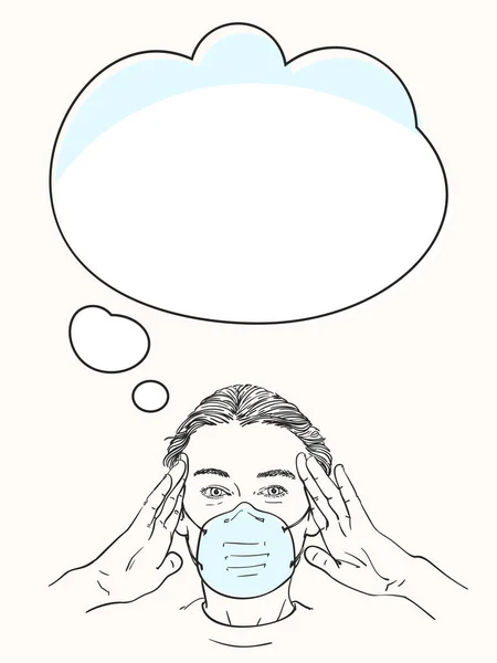 Σκίτσο Της Γυναίκας Ιατρική Μάσκα Προσώπου Πονοκέφαλο Κρατώντας Τις Παλάμες — Διανυσματικό Αρχείο