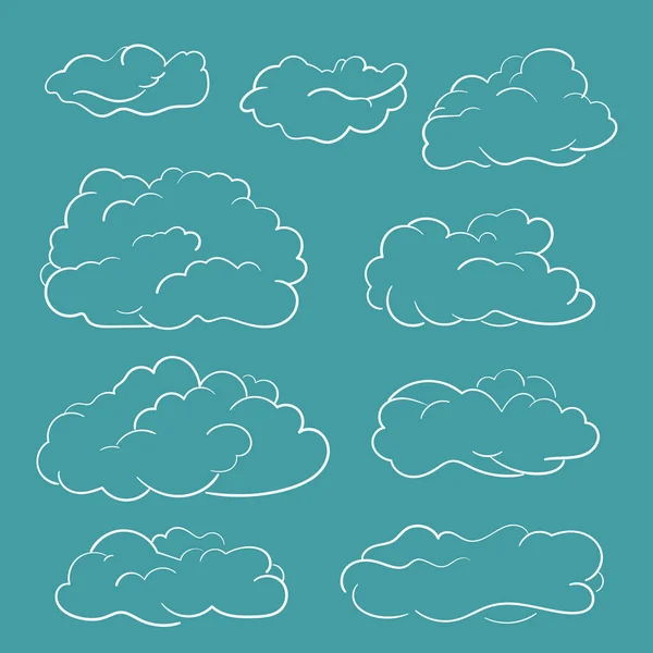 Nubes Vector Conjunto Dibujado Mano Garabato Líneas Blancas Bosquejo Sobre — Vector de stock