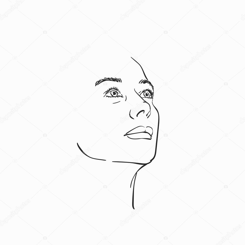 Young woman face looking up on side, Vector sketch, Hand drawn illustration