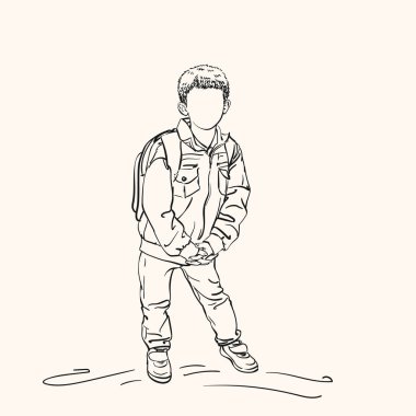 Sırt çantalı öğrenci utangaç ve el ele tutuşmuş, yüzü olmayan çizim, el çizimi resimli resim.