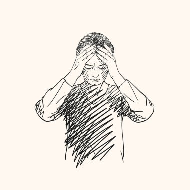 Genç kadın eskizinin başı ağrıyor. Koyu yumurtadan çıkmış gövdesiyle el ele tutuşuyor. El çizimi vektör çizimi.