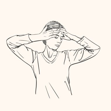 Genç bir kadının çizimi baş ağrısı, el ele tutuşmalar, vektör doğrusal çizimler.