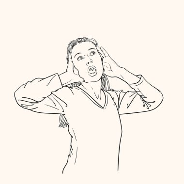 Heyecandan yana bakan şaşırmış genç bir kadının çizimi, vektör el çizimi doğrusal çizim