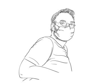 Coronavirus. Tıbbi maske takan ve gözlüklü bir adam rahatlama pozunda oturuyor, el çizimi çizgisel portre, vektör çizimi...