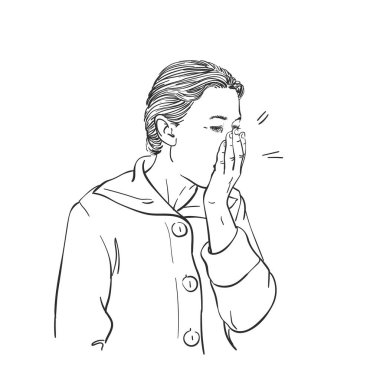 Ağzını eliyle kapatan öksüren kadının çizimi, el çizimi vektör çizimi.