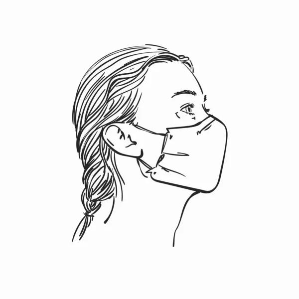 Retrato Mulher Perfil Usando Máscara Facial Médica Ilustração Linear Desenhada —  Vetores de Stock