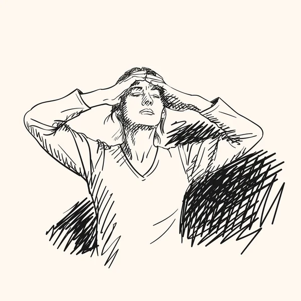 Sketch Young Woman Has Headache Holding Hands Her Head Hatched — Vetor de Stock