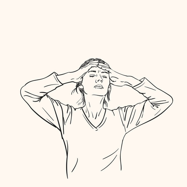 Sketch of young woman has headache holding hands on her head, Hand drawn vector linear illustration