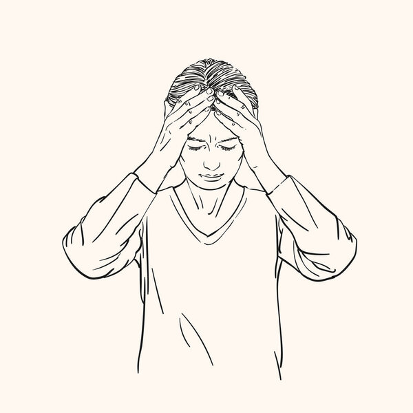 Sketch of young woman has headache holding hands on her head, Hand drawn vector linear illustration