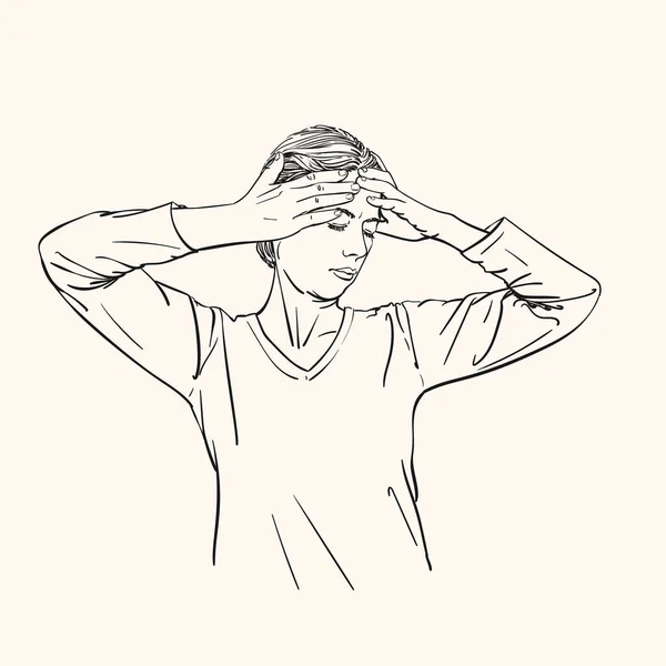 若い女性のスケッチは彼女の頭の上に手を保持頭痛を持っています 手描きベクトル線イラスト — ストックベクタ