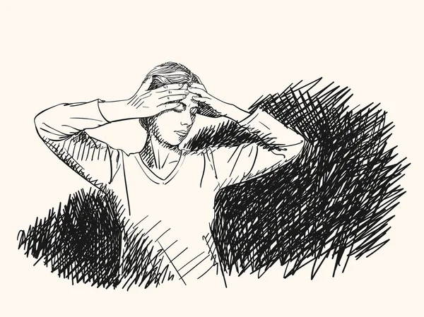 Croquis Jeune Femme Tenant Main Sur Tête Avec Fond Sombre — Image vectorielle