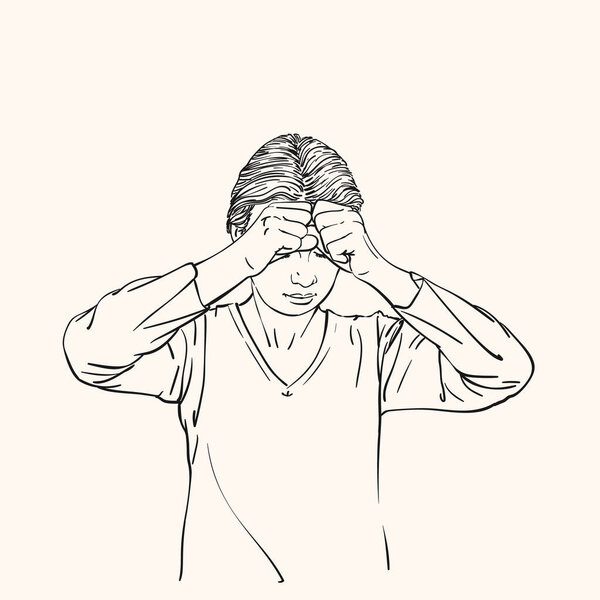 Sketch of young woman has problem holding hands in fists on her forehead, Hand drawn vector linear illustration