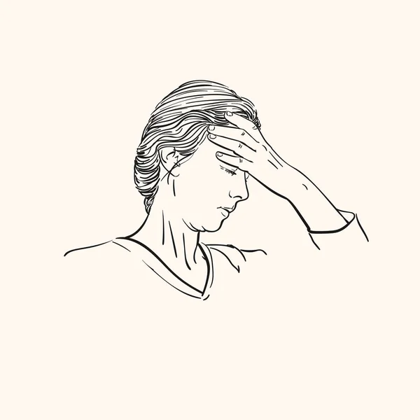 Рисунок Молодой Женщины Головной Болью Держащей Руку Голове Нарисованный Вручную — стоковый вектор