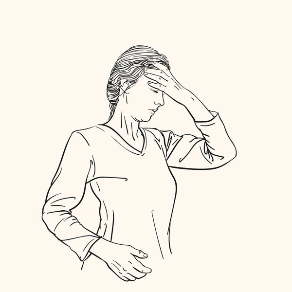 Sketch Young Woman Has Headache Holding Hand Her Head Profile — Vetor de Stock