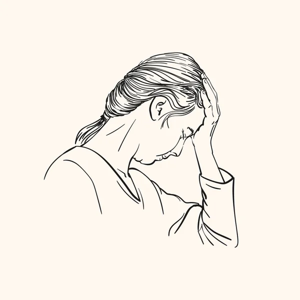Σκίτσο Της Νεαρής Γυναίκας Έχει Πονοκέφαλο Κρατώντας Χέρι Στο Μέτωπό — Διανυσματικό Αρχείο
