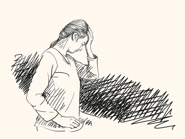 Sketch Young Woman Has Headache Holding Hand Her Head Cross — Vetor de Stock