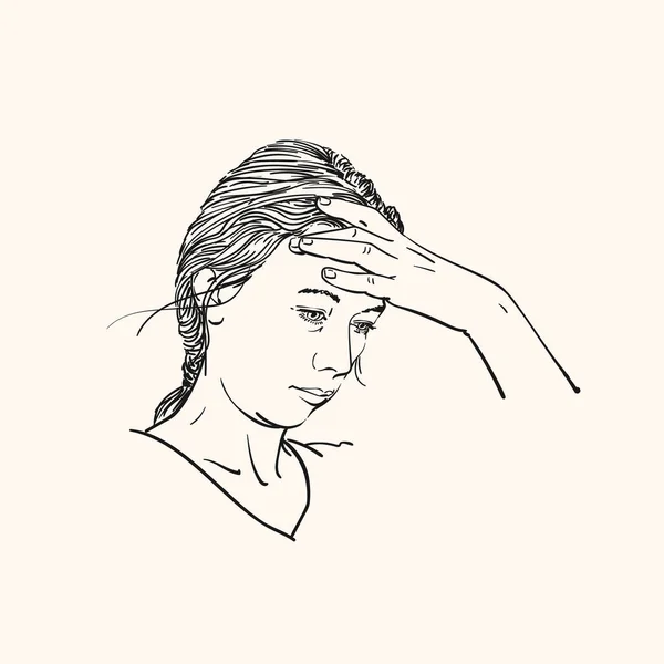 Рисунок Молодой Женщины Головной Болью Держащей Руку Голове Нарисованный Вручную — стоковый вектор
