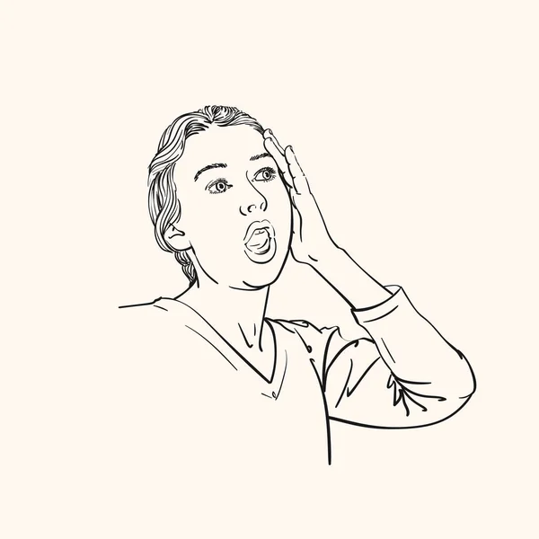 Sketch Surprised Young Woman Looking Sideways Excitement Portrait Hand Touching — Stock Vector