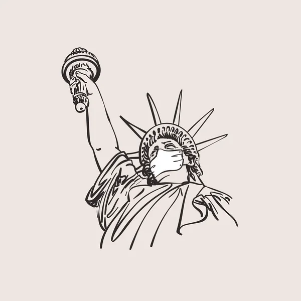 Coronavirus Pandemic United States Sketch Statue Liberty Medical Face Mask — 图库矢量图片