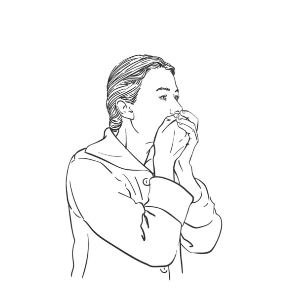手で彼女の口をカバー咳の女性のスケッチ 手描きベクトルイラスト — ストックベクタ