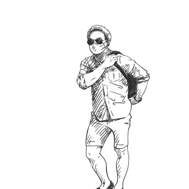 Coronavirus. Tıbbi maske takan, güneş gözlüklü, el çizimi resimli, kuluçkaya yatmış gözlüklü bir robot resim.