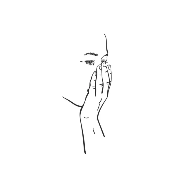 Szkic Kaszel Kobieta Odizolowana Twarz Zakrywa Usta Ręki Ręcznie Rysowane — Wektor stockowy