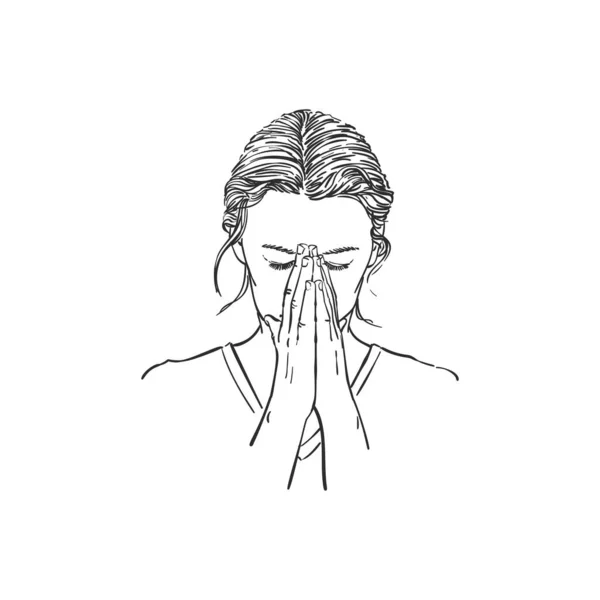 Σκίτσο Της Γυναίκας Προσεύχεται Χέρια Διπλωμένα Στη Λατρεία Μάτια Κλειστά — Διανυσματικό Αρχείο