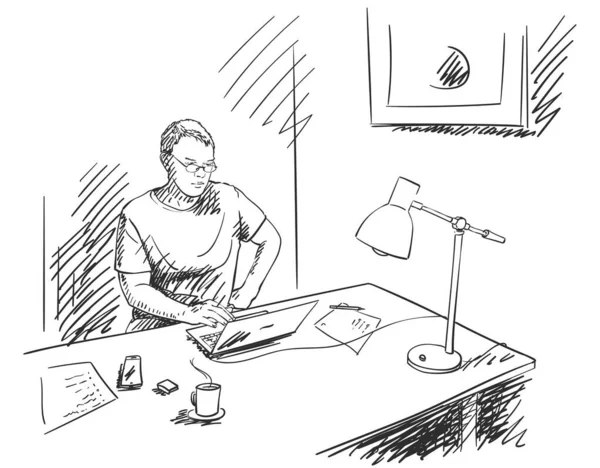 Croquis Homme Travaillant Maison Sur Ordinateur Portable Avec Lampe Table — Image vectorielle