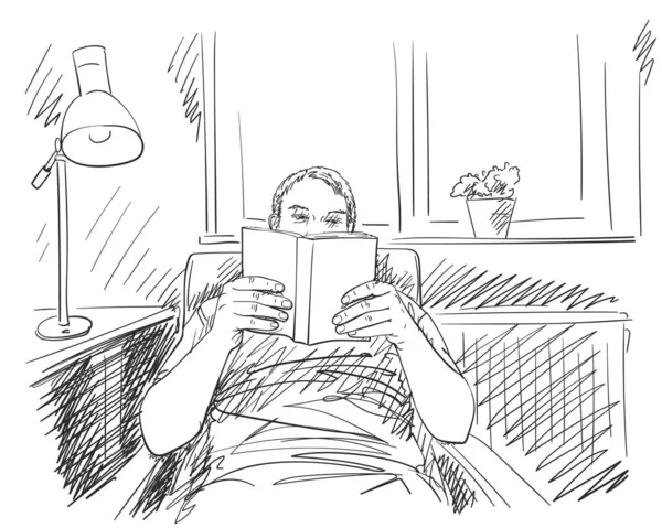 Skica Muže Čtení Knihy Pohodlné Relaxační Domácí Atmosféře Ručně Kreslené — Stockový vektor