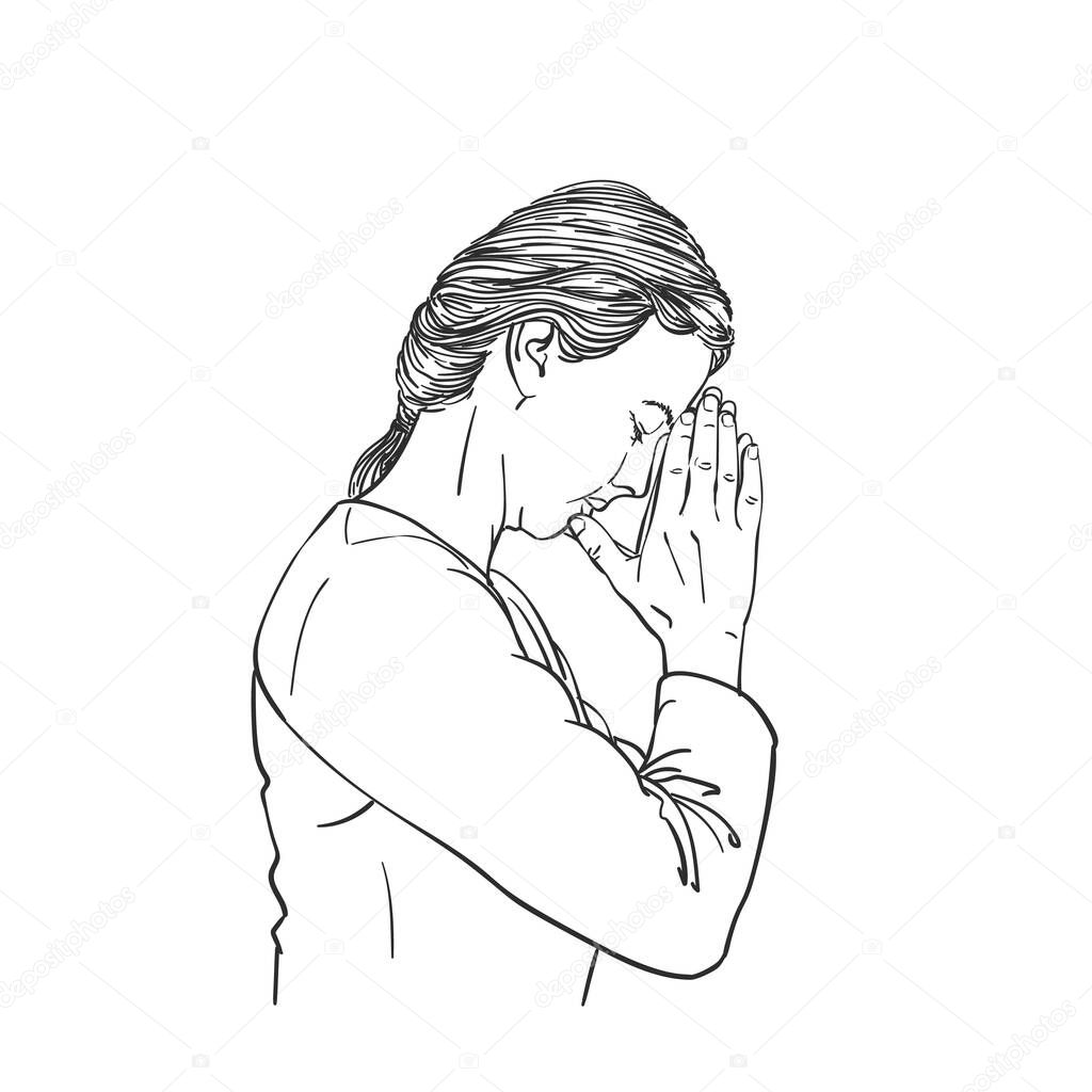 Sketch of woman praying with hands folded in worship touching the forehead, head down and eyes closed in hope, Hand drawn vector illustration