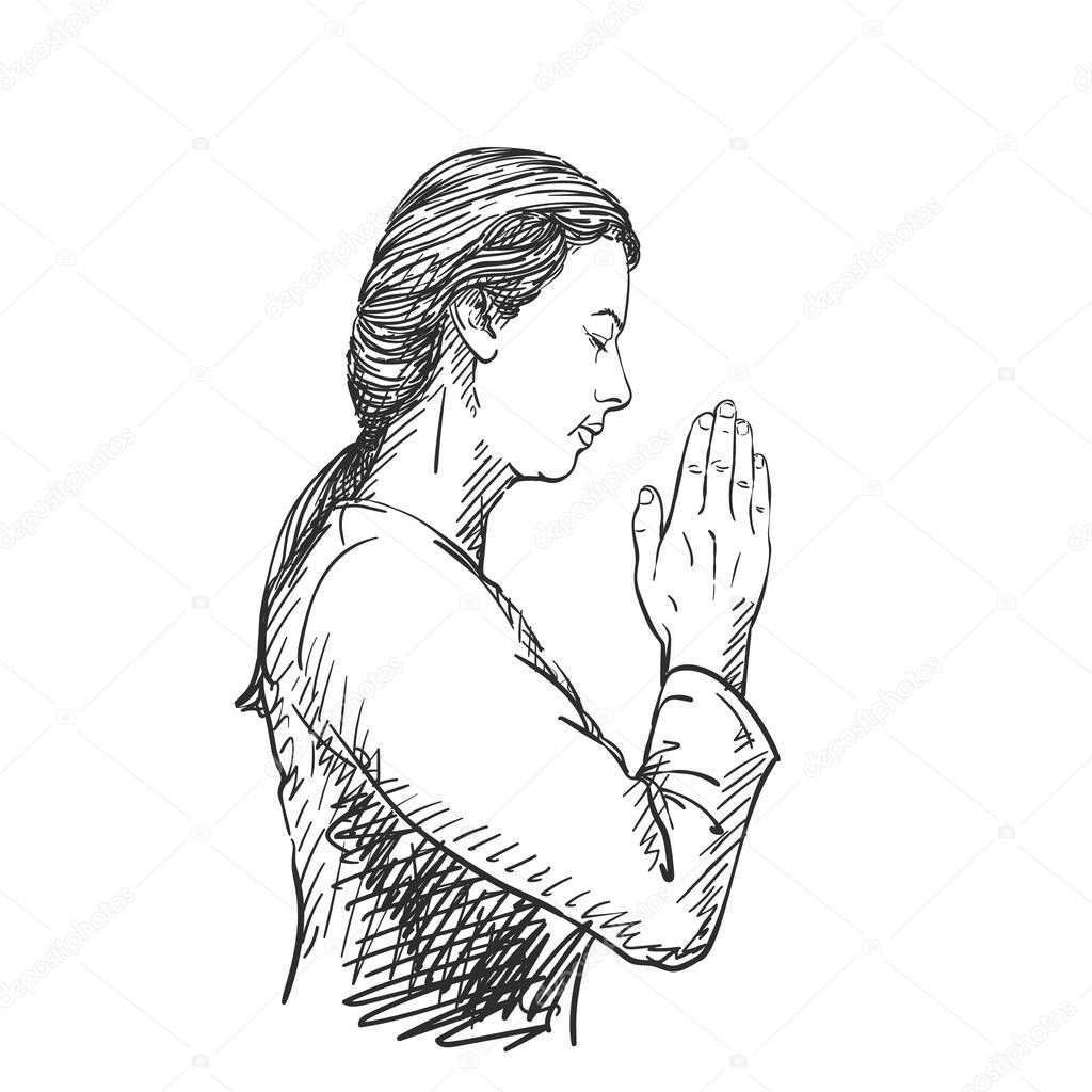 Sketch of woman praying with hands folded in worship, eyes closed in hope, Hand drawn vector illustration with hatched shades