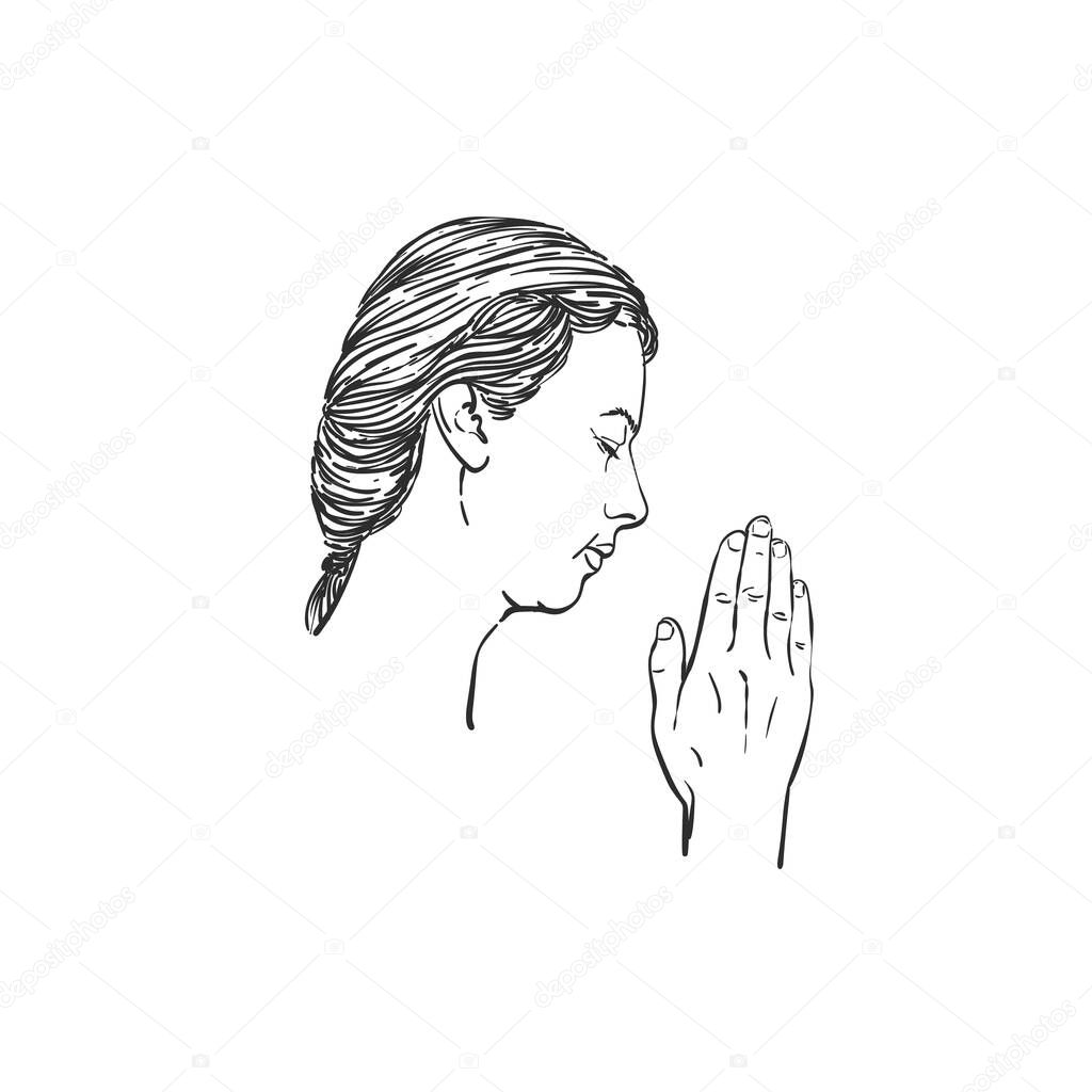Sketch of woman praying with hands folded in worship, isolated head with eyes closed in hope, Hand drawn vector illustration